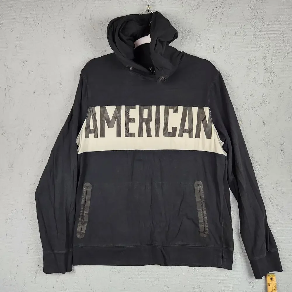 American Eagle Hoodie Mens Medium Black Active Flex Lightweight Sweatshirt Logo